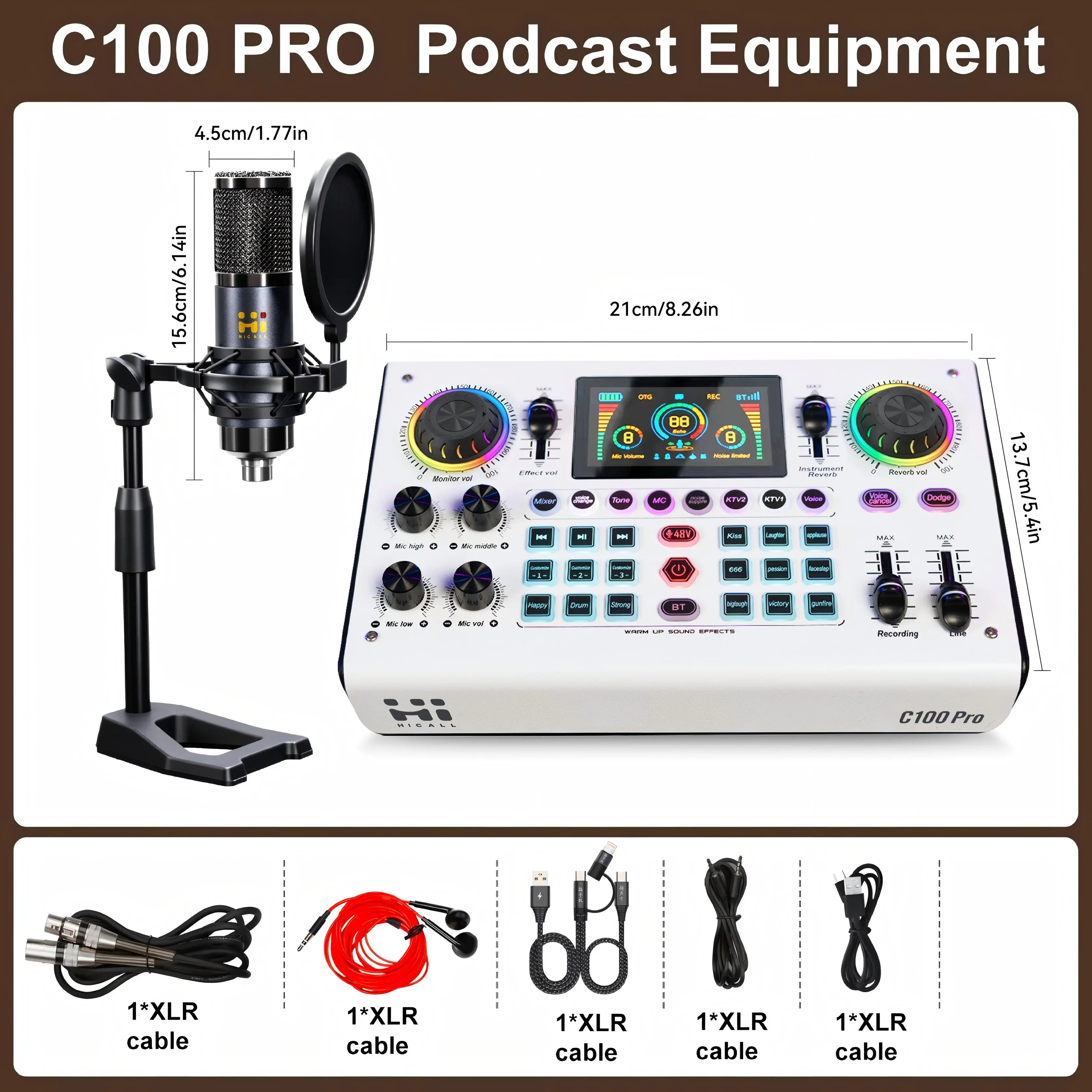 HICALL Professional Podcast Recording Bundle for Beginners - Audio Interface with XLR Mic, 48V Phantom Power, Studio Monitoring for Home Studio on PC/Mac
