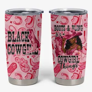 Black Cowgirl Tumbler Cup Boots And Bling - Pink Leopard Western Diva Melanin