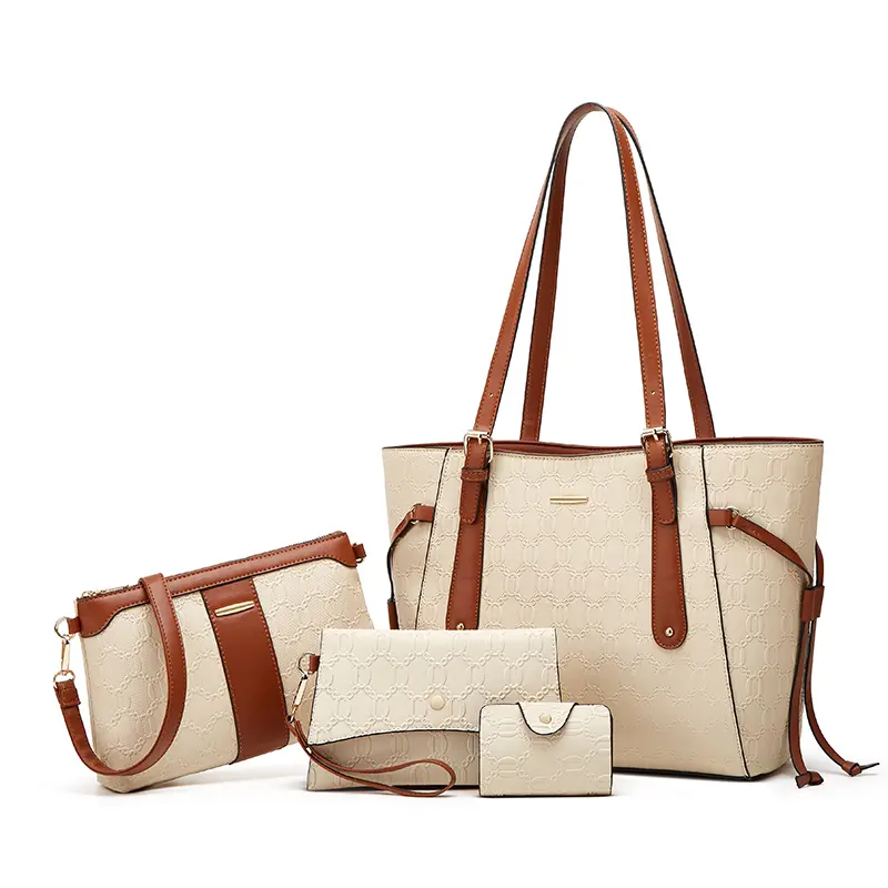 Women's Vera 4-Piece Vegan PU Leather Matching Bag Set - Tote, Crossbody Bag, Wallet, Card Holder with Elegant Stitching, Modern Design, Large Capacity for Work, Travel, Matching Sets, Women's Matching Sets