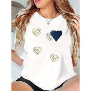 Women’s White Studded Rhinestone Hearts T-Shirt, Casual Valentine’s Day Graphic Tee for Daily & Party Wear 100% Cotton T-shirt