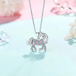 Cute Colorful Rhinestone Unicorn Necklace, Christmas Gift Birthday Party Jewelry