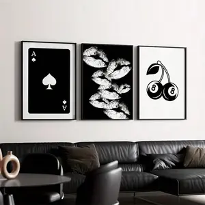 Poker & Lip & Cherry Pattern Canvas Painting Print, 3 Counts/set Creative Artistic Wall Art Painting, Wall Art Decor for Home Living Room Bedroom, Ornaments, Decoration, Canvas Prints
