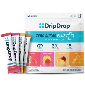 DripDrop Zero Sugar Plus, Watermelon, Tangerine, Tropical Punch, Raspberry Lemonade, 16 oz sticks, 16 count