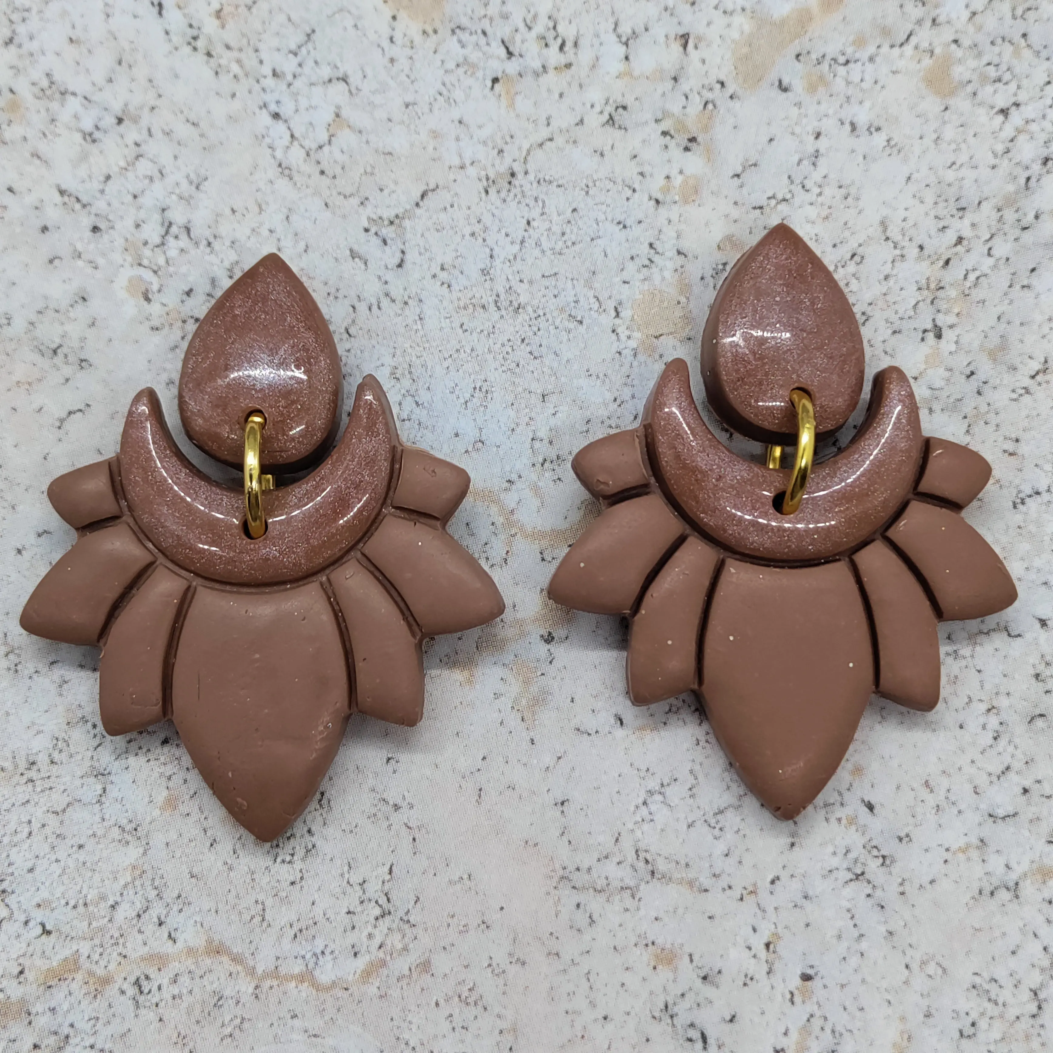 Polymer Clay Lotus Earrings with Earth-Tone Finish, Crescent Accent, for Daily Fashion Accessory Use