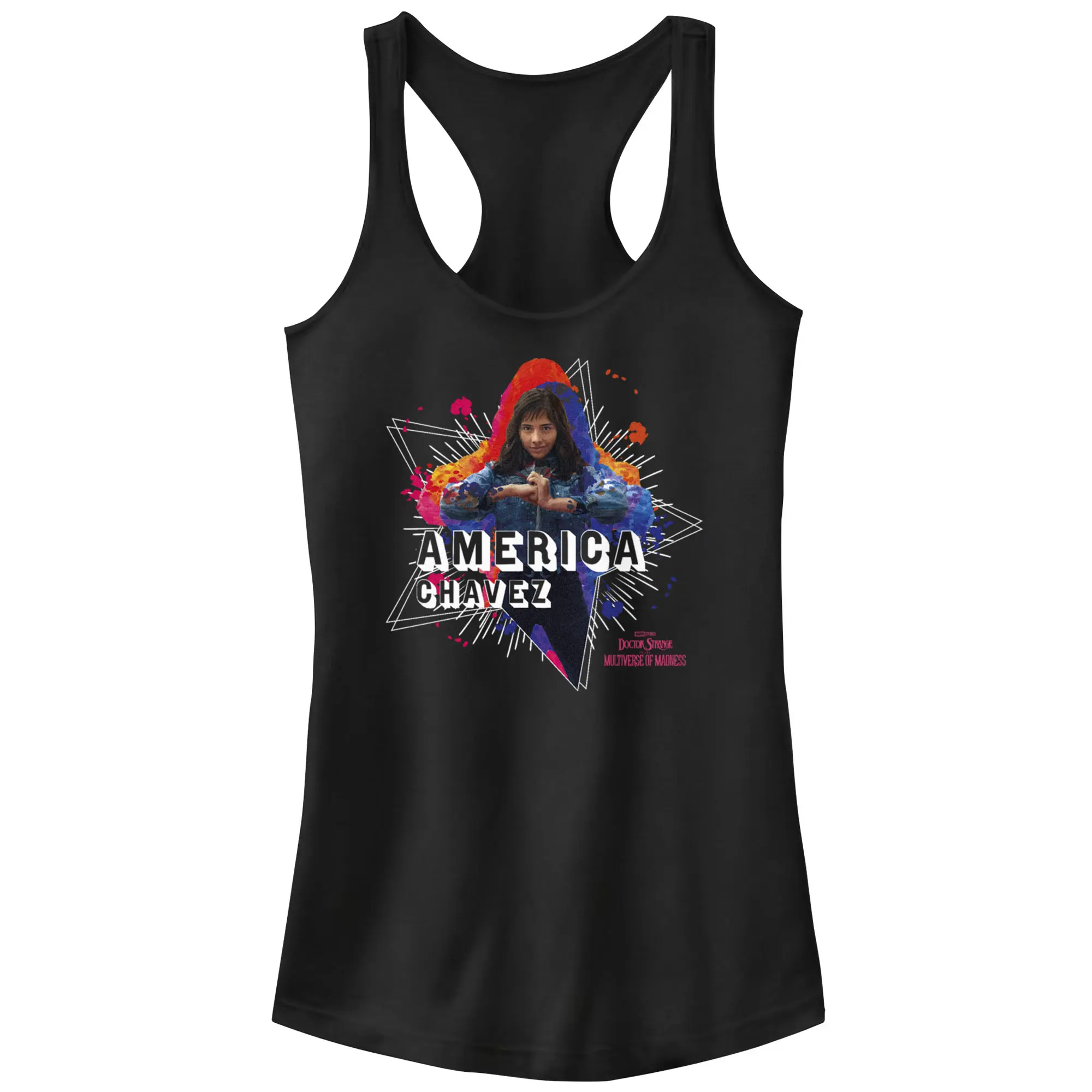 Juniors Womens Marvel Doctor Strange in the Multiverse of Madness America Chavez Paint Splatter Racerback Tank Top