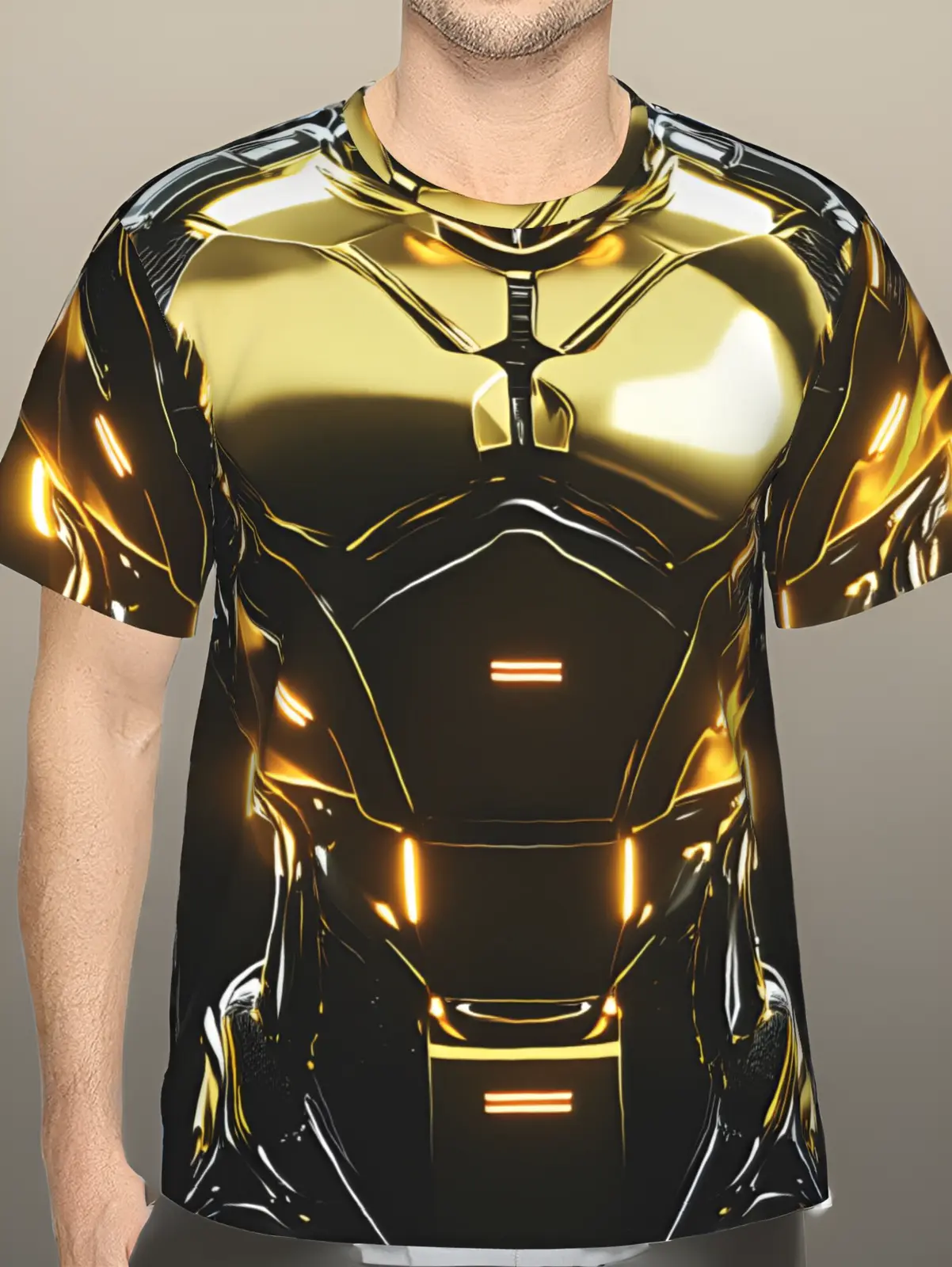 Futuristic Robotic T-Shirt for Men, Featuring a 3D Printed Design in Golden-Yellow Metallic Armor with Orange Glowing Accents. This High-Tech Sci-Fi Apparel Is Made from Breathable Polyester And Is Perfect for Casual Wear And Fashion Lovers