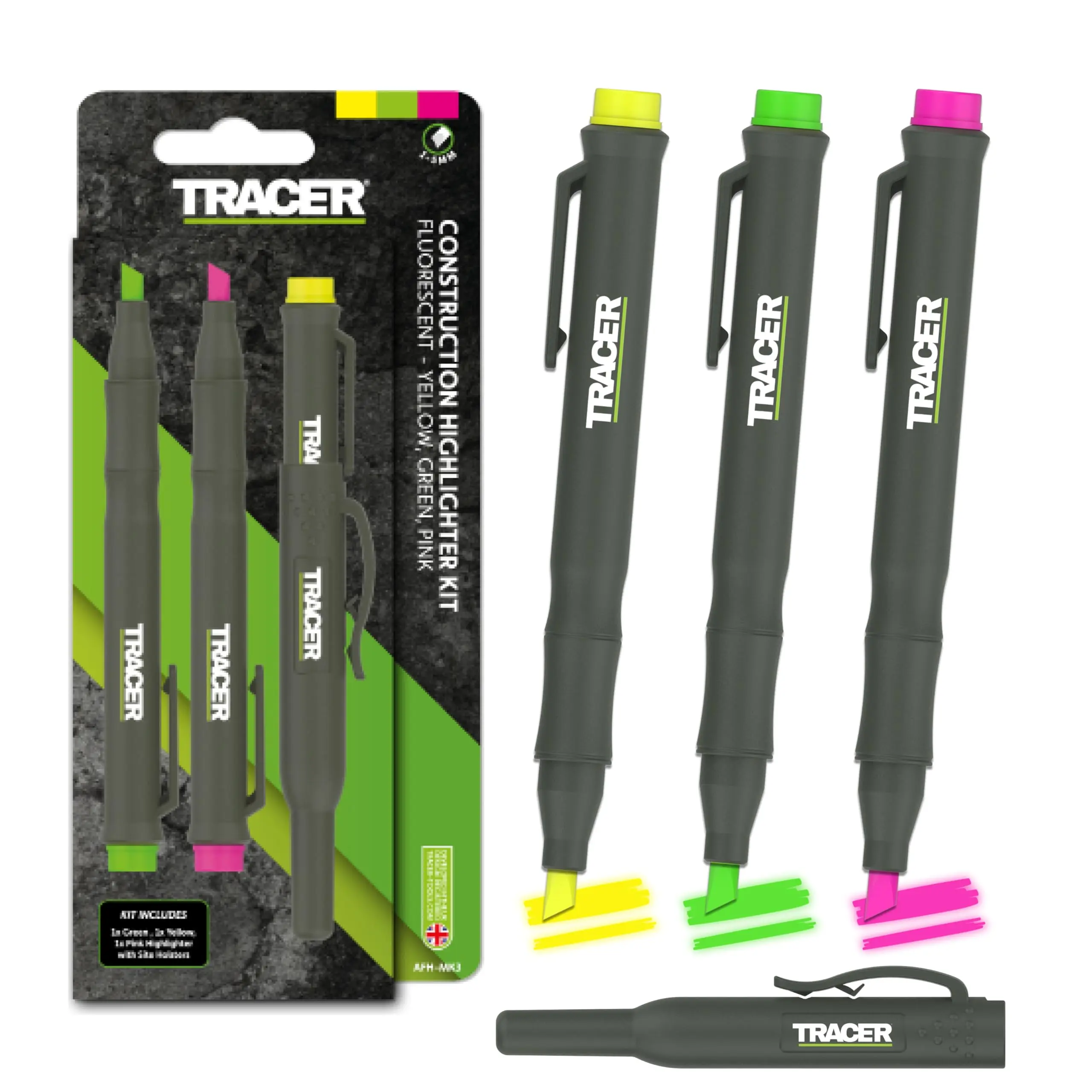 TRACER Highlighter Market Set - Yellow, Green & Pink - 3 Pack. Fluorescent, Non-Toxic, Smudgeproof, Anti Dry-out, Construction Grade