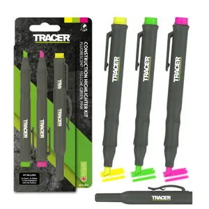 Tracer Highlighter Market Set - Yellow, Green & Pink - 3 Pack. Fluorescent, Non-Toxic, Smudgeproof, Anti Dry-out, Construction Grade