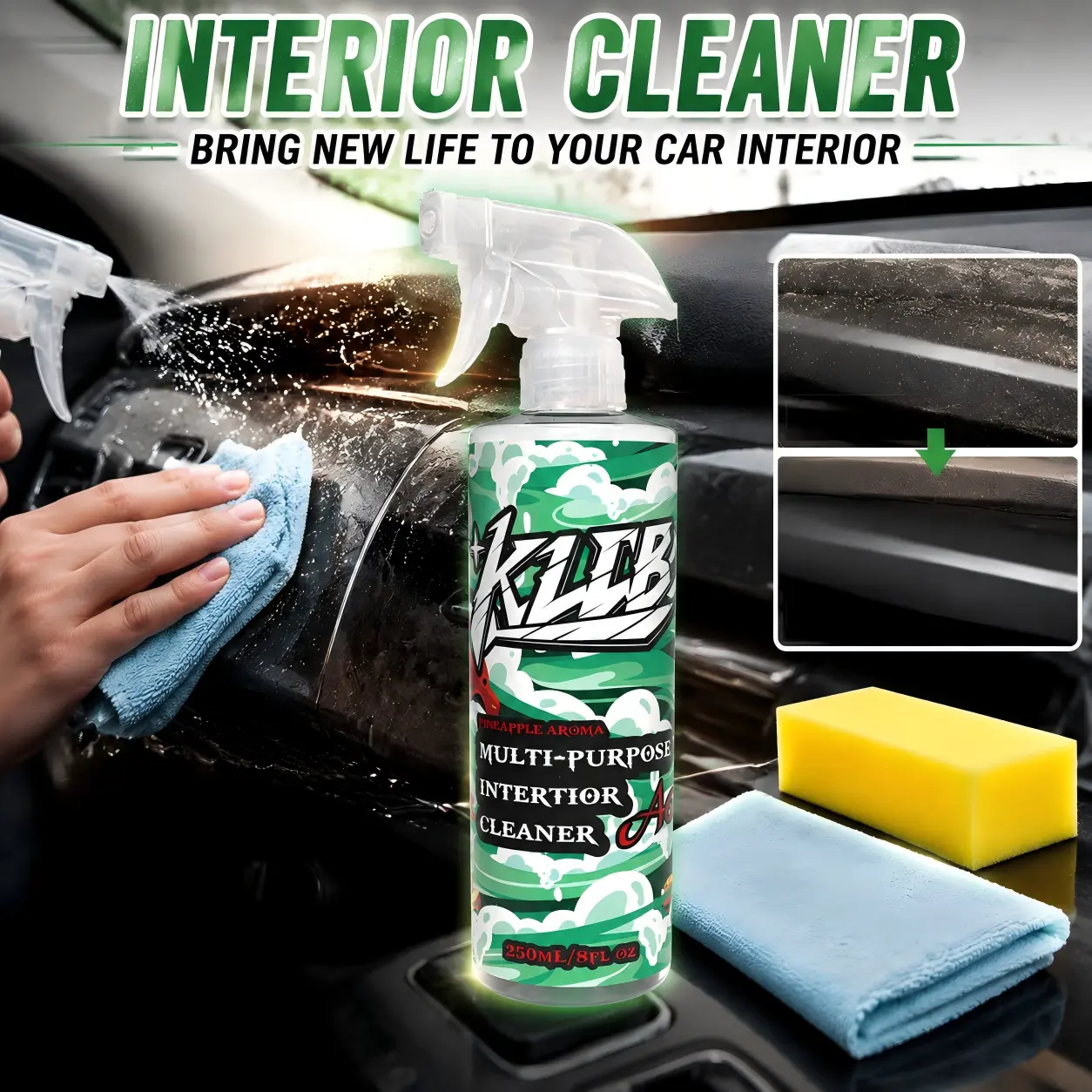 Multi-Purpose Car Interior Cleaner Kit - Powerful Formula with Sponge & Towel, Removes Dirt, Grime & Daily Messes, Cleans Leather, Plastic, Vinyl & Fabric, Refreshes Dashboards & Seats for Professional Auto Detailing