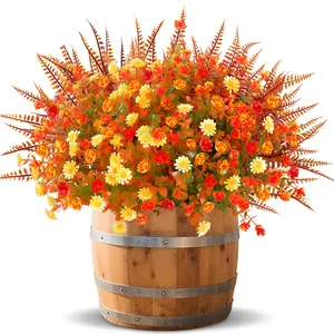 TURNMEON 12 Bundles Artificial Fall Flowers for Outdoors Fall Decorations, UV Resistant Fake Mums Faux Fall Plants Plastic Orange Boston Fern Eucalyptus Home Garden Porch Autumn Thanksgiving Decor