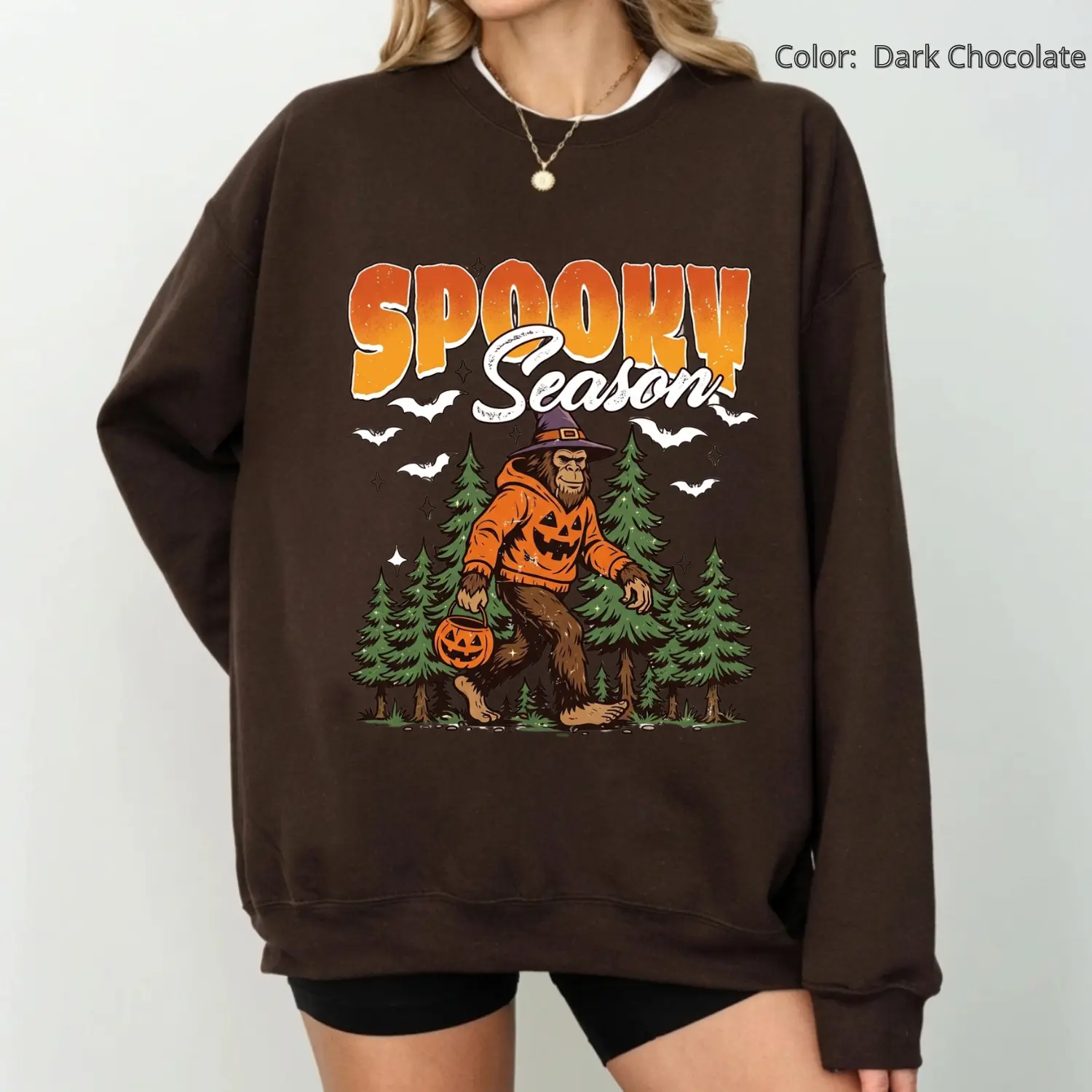 Spooky Season Bigfoot Sweatshirt, Halloween Sasquatch Crewneck, Funny Cryptid Halloween Pullover, Pumpkin Bigfoot Graphic Sweatshirt, Retro Forest Halloween Sweatshirt
