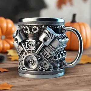 V8 Engine Pattern Stainless Steel Cup, Personalized Coffee Mug with Insulated Handle, Perfect Gift for Car Enthusiasts and Mechanics