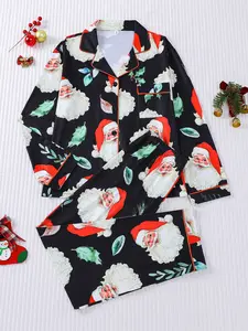 2-piece set of vintage cartoon Santa Claus with tree leaves, Halloween long sleeved pants, soft and comfortable top, small pockets, elastic waistband, suitable for all seasons, furniture, casual wear