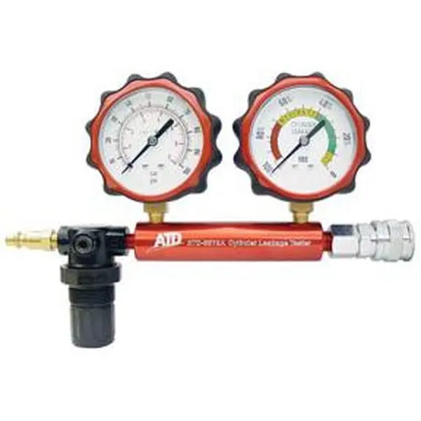 ATD Tools ATD-5573A Industrial Handheld Cylinder Leak Tester - Dual Scale Dial (0-100 psi, 0-7 bar), Anodized Body, 0.25 in. Male Quick Connect Plug, 1 Industrial Interchange Quick Coupler, Compression Test Capability