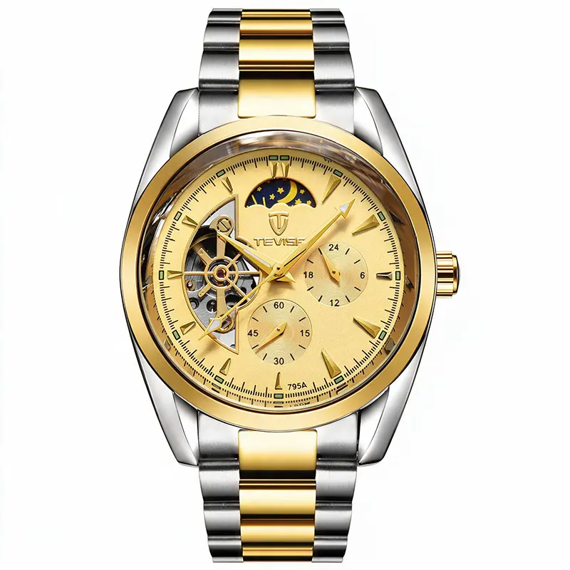 TEVISE Men's Automatic Mechanical Watch - Skeleton Moon Phase, Multifunction Chronograph, Luminous Dial, 2-Tone Gold-Silver Stainless Steel Bracelet Watch for Business Casual