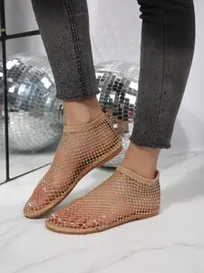 Sparkly Rhinestone Mesh Flat Sandals for Women, Sheer Fishnet Open Toe Dress Shoes for Party Evening