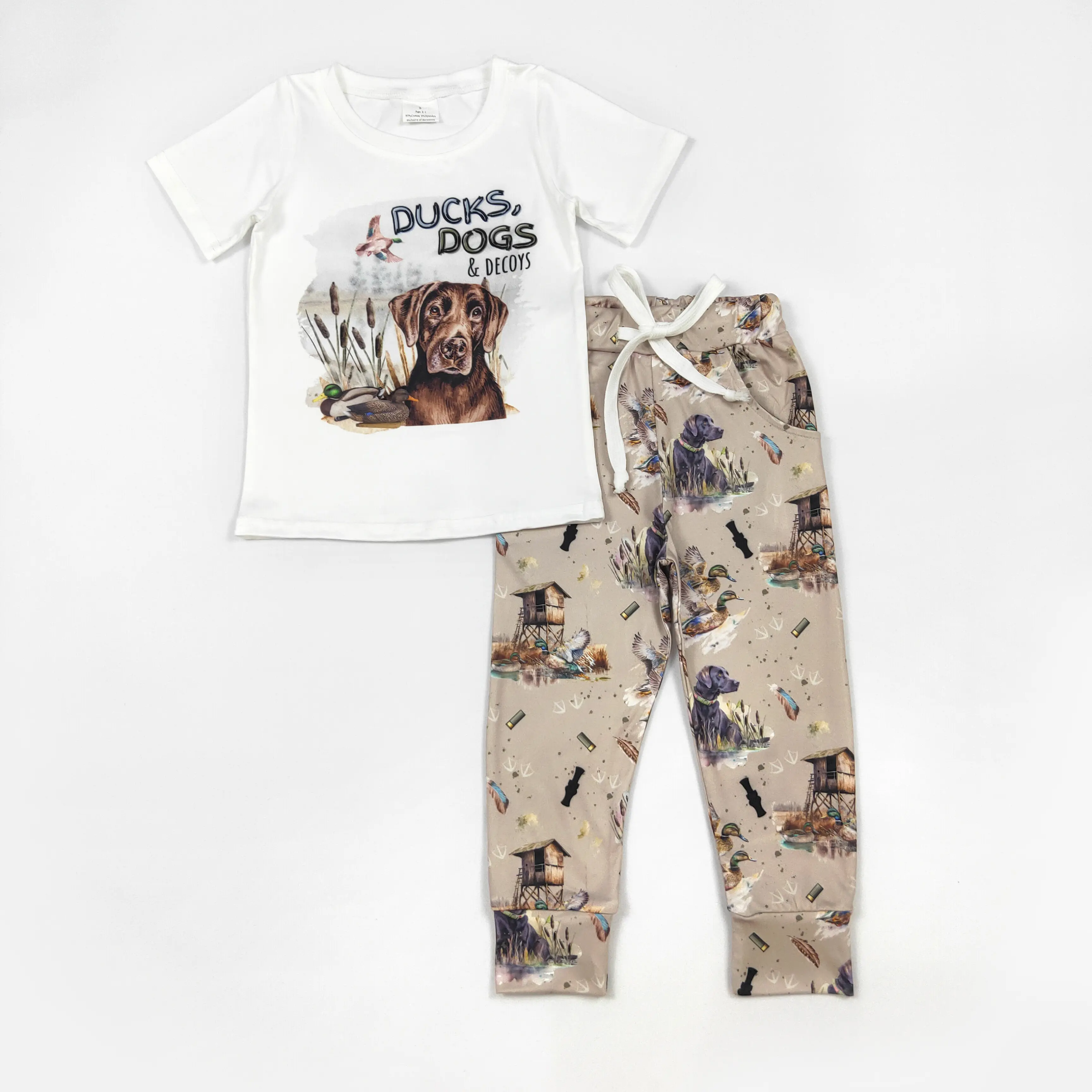 Boys' Cartoon Duck & Dog Print Short Sleeve Matching Outfit Set, Kids' Clothes, Adorable Styled Duck Pattern Ensemble, Clothes Kids, Adorable Boys' Sets