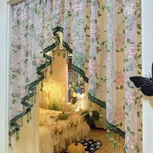 Hole-free French floral door curtains | Luxurious lace curtains with hanging crystal beads, ideal for decorating rented properties
