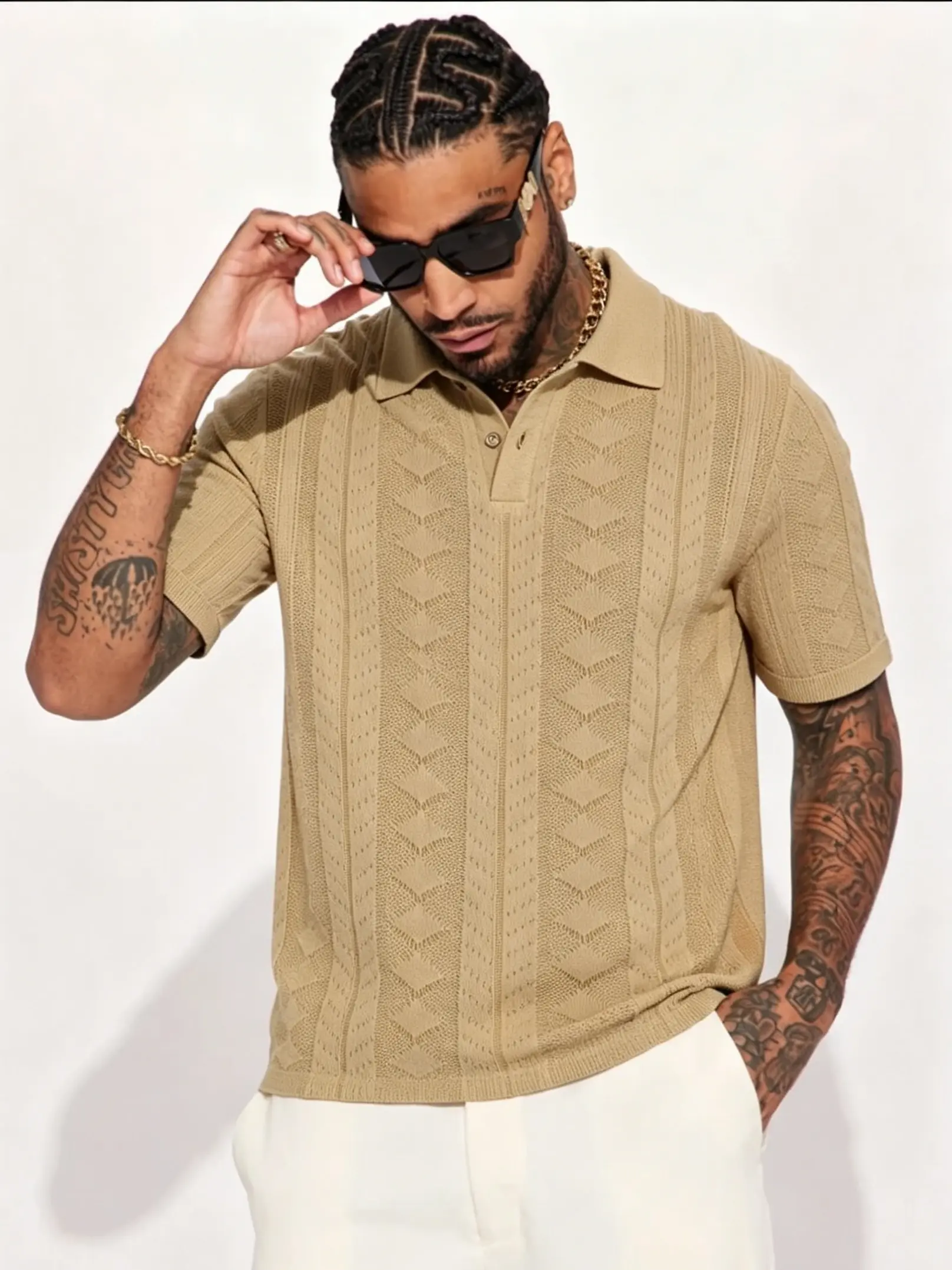 Men's Geometric Textured Hollow Out Knit Polo Shirt, Half Placket Button Lapel Collar Short Sleeve Casual Breathable Summer Top