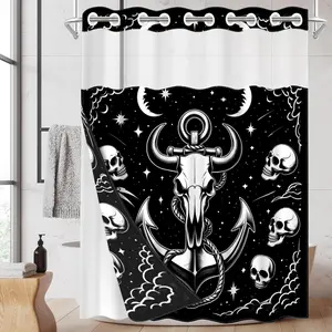 1pc hookless shower curtain with buckle lining, Shower Curtain Liner, black and white skull anchor head design 2D flat printing, fabric waterproof lining shower curtain with see-through window double shower curtain, 71 x 74 inches, modern home decoration