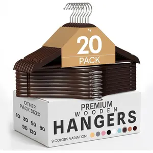Wooden Hangers 20 Pack - Durable & Slim Coat Hanger - Suit Hanger with 360- Rotatable Hook -  Hangers with  Grooves (Brown Color)