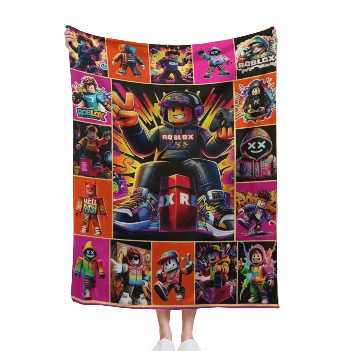 Colorful Character flannel Blanket, Grid Panel Graffiti Print Throw, Cozy Sofa Bed Decor Blanket 30x40 40x50 50x60 60x80inch