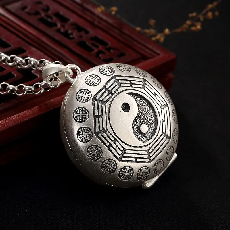 C014-Bagua Gahu Box Amulet Necklace - Handmade Hollow Openable Storage Pendant, Others crown cross Patriotic with Verse Sorry and Love Set Long Virgin Mary Rosary real gold-plated cuban necklace