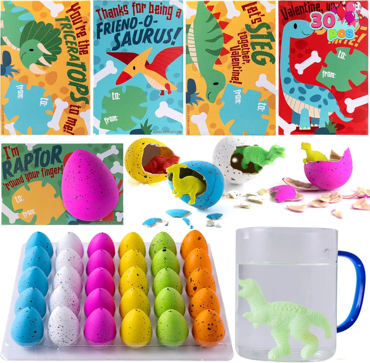 30 Packs Valentines Day Cards with Hatch Growing Dinosaur Eggs Toys with hangers for Valentine Kids Party Favor, Classroom Exchange Prizes, Valentine’