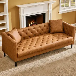 【GARVEE】81" Mid-Century Modern Chesterfield Leather Sofa with Deep Seats, Button Tufted Design, 3 Seater Couch for Living Room, Apartment, or Office, Includes 2 Pillows, Cognac Tan