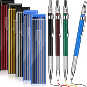4 Pieces Welder Pencil with 60 Pieces Round Refills Mechanical Pencil Metal Marker Pen for Construction Workers, Metal Work, Welders, Plumbers, Framers (Black, Red, Yellow, Silver)