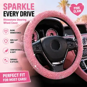 NeoAuto Bling Rhinestone Steering Wheel Cover for Women - Sparkling Crystal Diamond Car Interior Accessory, Universal 15 Inch, Non-Slip & Soft Grip, Pink Glam