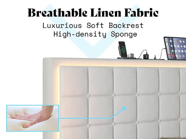 AMERLIFE Button Tufted Platform Bed Frame with LED Lights, Upholstered Bed Frame with Charging Station, Wood Slat Support, marco de cama/Best Gift Ideas/Christmas Gifts