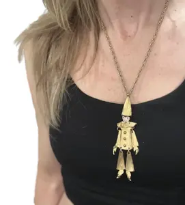 Combination Pendant and Pin Marionette Necklace Moving Arms and Legs Gold Toned Clown/Witch/Puppet Detailed Face Includes 16" Chain