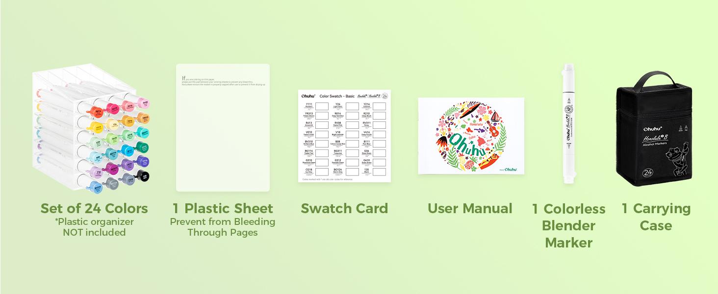 Ohuhu Alcohol Markers: Brush & Chisel / Fine Dual Tips - 24 Basic Colors - AP Certificated - Double Tipped Alcohol Based Art Marker Set for Artist Sketching Adult Coloring Illustration - New Look - Honolulu 2 & 2B Series of Ohuhu