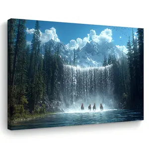 [1pc Mountain Waterfall Canvas Painting] 1pc Wedding, Birthday, Bachelor Party Wall Art Print, Mountain Waterfall and Horses Scenery Canvas Painting, Woven Other Material, 11.8"x15.7", with Wooden Frame, for Home Office Decor, Ideal Gift for All Occa