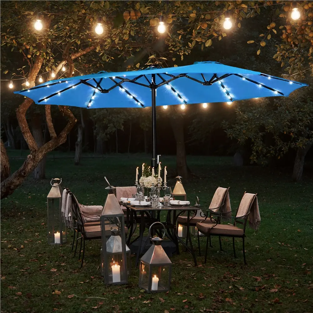 【All Sky Blue】Yaheetech 13/15 ft Twin Patio Parasol Triple-size Outdoor Umbrella Market Extra Large Umbrella with Crank & 36 LED Lights