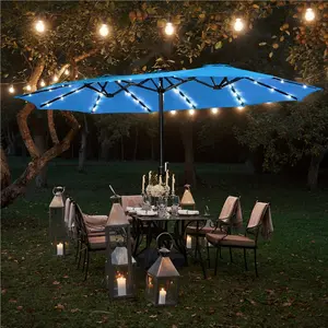 【All Sky Blue】Yaheetech 13/15 ft Twin Patio Parasol Triple-size Outdoor Umbrella Market Extra Large Umbrella with Crank & 36 LED Lights