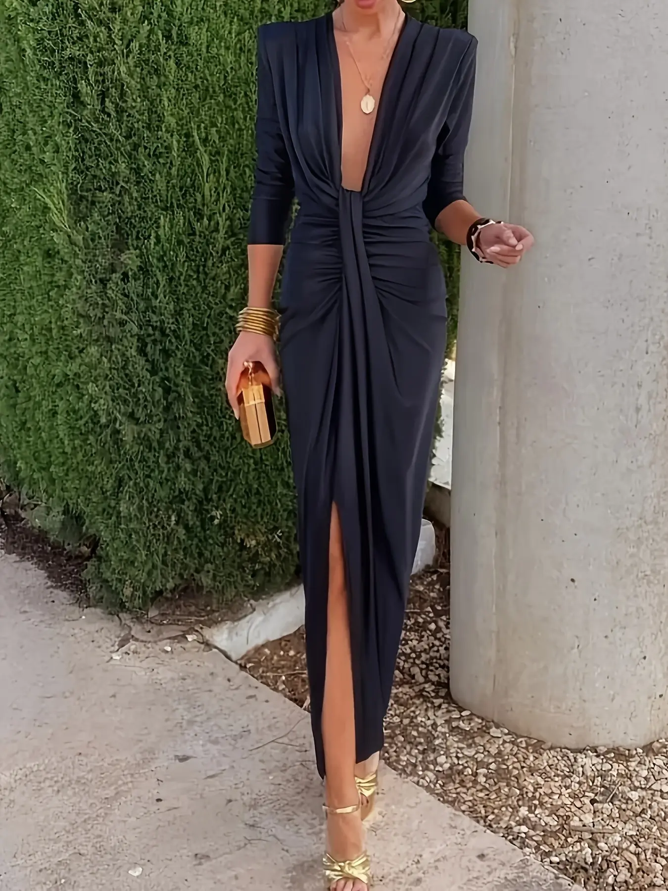 Women's Vintage Elegant Solid Bodycon Long Dress, Deep V Seven-Quarter Sleeve Knot Twist Ruffle Slit Evening Gown, Style Cocktail Party Wedding Guest Dance Formal Dress, Formal Wear, Chic