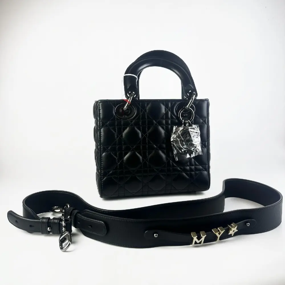 Pre-owned Dior Christian Mini Lady Black Soft Calfskin Cannage Quilted Top Handle Bag【861】