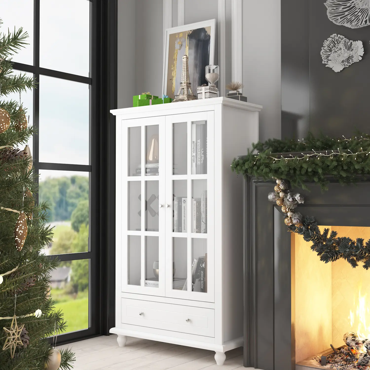 FUFU&GAGA Sturdy Farmhouse Look Tempered Glass Door Display Cabinet - 31.5"l×15.7"d×55.1"h, Transparent Grid, Drawer, Adjustable Shelves, Durable Modern Storage for Collectibles, Living Room, Engineered Wood