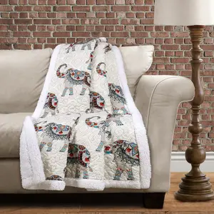 Lush Decor Hati Elephants Throw Sherpa with Wool Coat and Blanket, Featuring Elephant Design, Soft and Cozy, Ideal for Cuddling and Sleeping