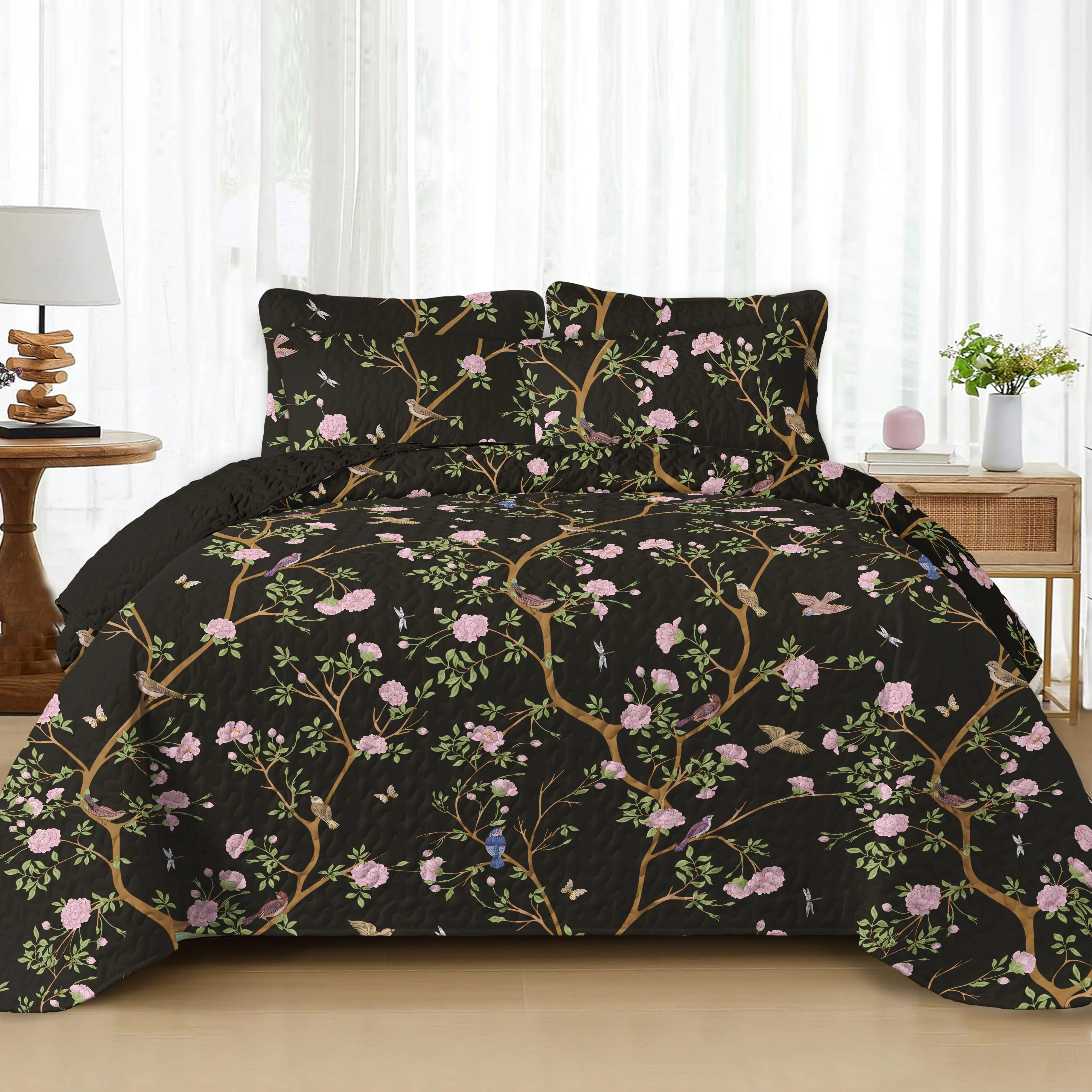 Ultra-thin Fresh Floral Quilt, 3-Side Scalloped Edge Design, 3-Piece Bedding Set, Machine Washable All-Season Bedspread