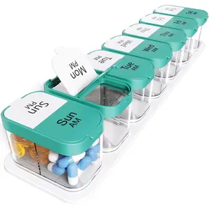 Extra Large Weekly Pill Organizer 2 Times Day, Pill Box 7 Day Am Pm to Hold Daily Medicine Vitamin and Supplements - Cyan