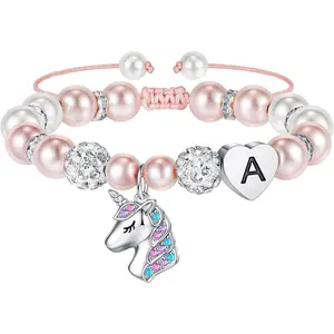 Unicorn Bracelet Gifts for Girls - Pink  and Rhinestone Balls Heart Initial Unicorn Bracelets  CZ Unicorn Bracelet Birthday Gifts for Girls Daugher