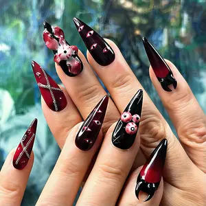 Gothic Halloween Themed Reusable Acrylic Press-On Nail Kit - Gel X Nails, Handmade Acrylic Art, 3D Coffin/Ballerina/Pumpkin Designs, Long-Lasting Removable, Easy Apply Set for Halloween Wear