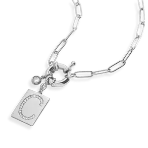 Pave Initial Pendant Necklace with Paperclip Chain