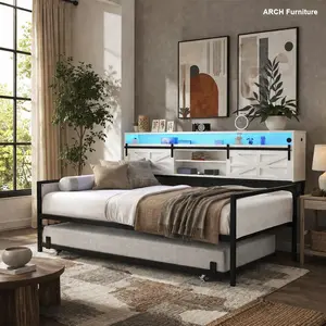 Twin Bed Frame - Farmhouse Arch-Shaped Design with Sliding Barn Door Headboard, Charging Ports, LED Light, White Trundle for Bedroom, Guest Room, Arch-Shaped Bed Frames