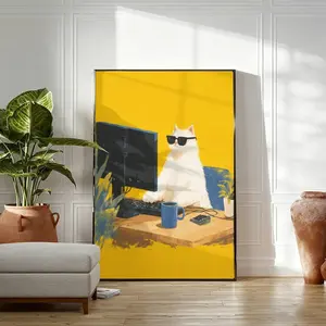 Cool White Cat with Sunglasses Working at Desk Canvas Print, Funny Office Cat Coffee Wall Art, Decor for Home Office, Bedroom, Living Room, Dorm, Coffee Shop