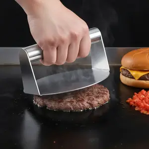1-Piece Stainless Steel Hamburger Press: A non-stick beef patty press for perfect steaks and burgers |     Ergonomic handle and flat design for evenly pressing meat |     Ideal for grilling kitchens