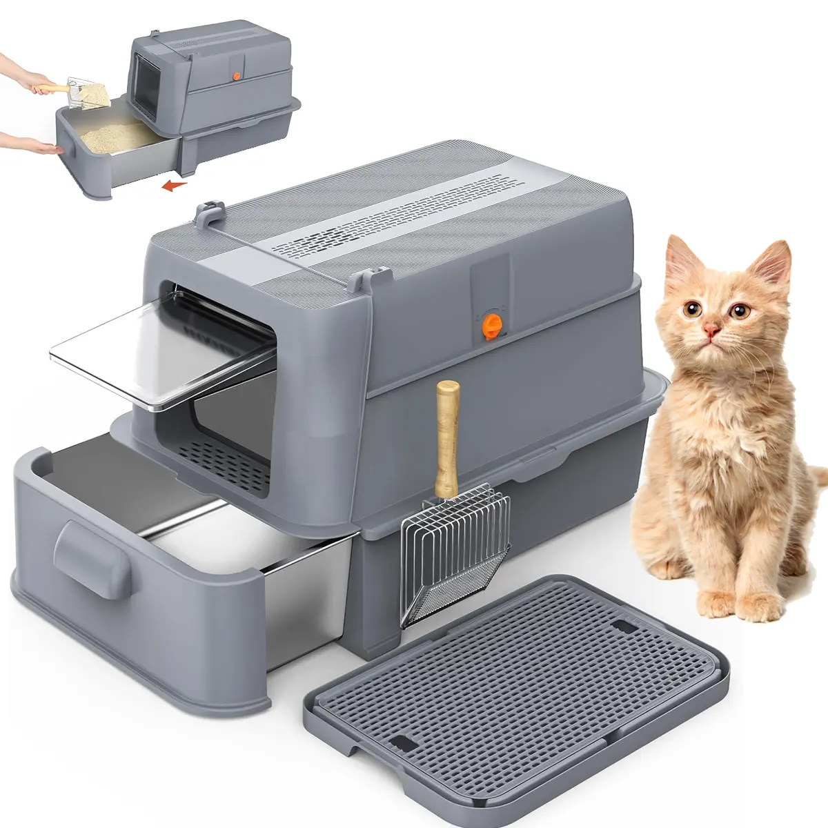 Enclosed Stainless Steel Cat Litter Box (XL), Odor Control & Non-Stick Interior, Modular High-Sided Design with Pull-Out Drawer & Flip Door for Large Cats